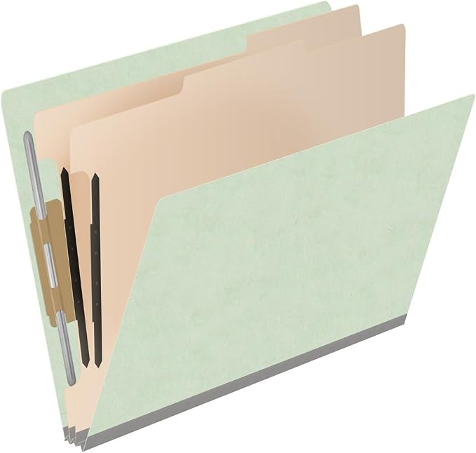25 Pt. Pressboard Classification Folders, Full Cut End Tab, Letter Size, 2 Dividers, Pale Green (Box of 10)