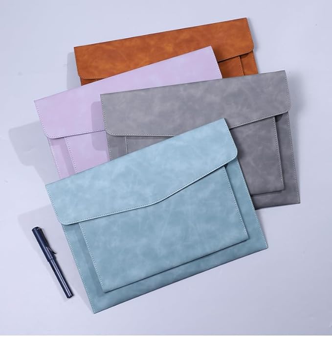 PU Leather A4 File Folder Document Holder with 2 Compartments Envelope Folder Case with Snap Closure for Receipt Contract (Cyan)