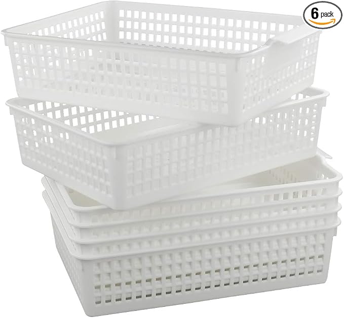 6-Pack Plastic Storage Trays Basket, Organization Basket Tray for Paper/File, White