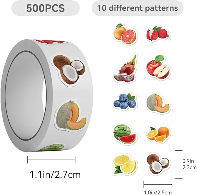 500 PCS Realistic Fruit Stickers 1 Inch - 10 Assorted Reward Stickers for Classroom, Scrapbooking, Crafts - Teacher Supplies, Student Rewards, Kids Activities