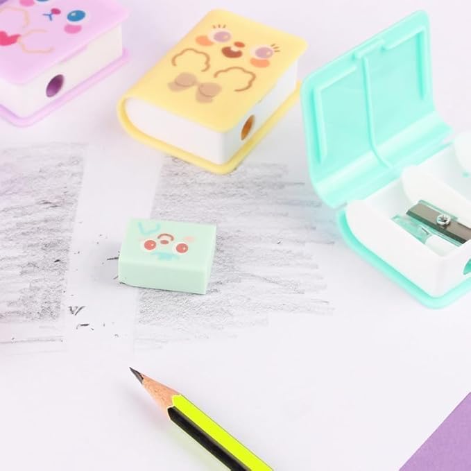1Pc Multicolor Cute Dual Purpose Book Pencil Sharpener Eraser, Cute Cartoon Student Eraser Pencil Sharpener Writing and Correction Supplies