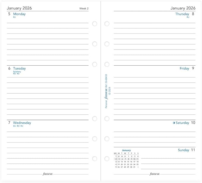 Filofax Calendar Diary Refill, Personal/Compact Size, Week-to-View, White Paper, Ruled, English, 2026 (C68418-26)