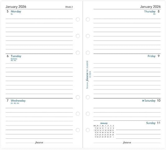 Filofax Calendar Diary Refill, Personal/Compact Size, Week-to-View, White Paper, Ruled, English, 2026 (C68418-26)