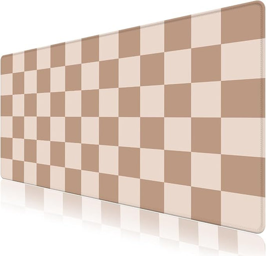 Big Desk Pad Mouse Pad, Large Gaming Mouse Mat with Stitched Edges, Non-Slip Waterproof Rubber Base Mous Mat for Office Computer Keyboard Laptop Home Decor (35.4X17.5 in), Milk Tea Brown Checkered