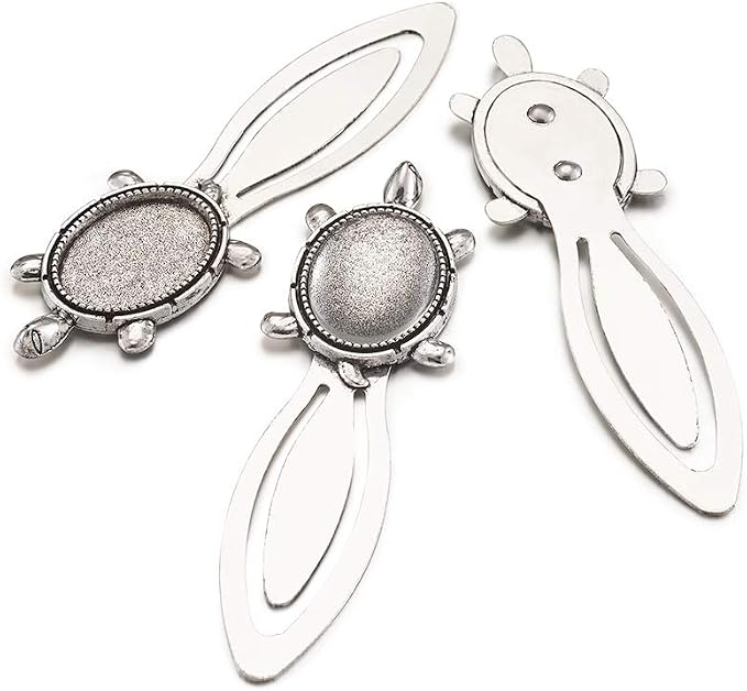 FASHEWELRY 20Pcs Antique Silver Bookmark Pendant Tray Kit Include 10Pcs 25x18mm Tortoise Oval Blank Bezel Base Setting Charms with 10Pcs Clear Glass Dome Tiles Cabochons