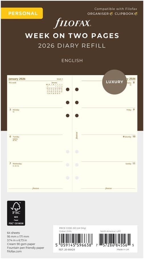 Filofax Calendar Diary Refill, Personal/Compact Size, Week-to-View, Cotton Cream Paper, Unruled, English, 2026 (C68424-26)
