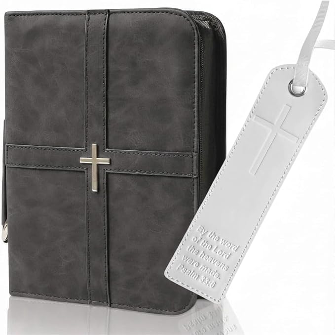 Bible Cover (U.S. Patent Pending), Discreet & Elegant Bible Case, Gray PU Leather Bible Cover, Cross Design Bible Bags, Strong and Sturdy Book Case, Includes Premium Bookmark