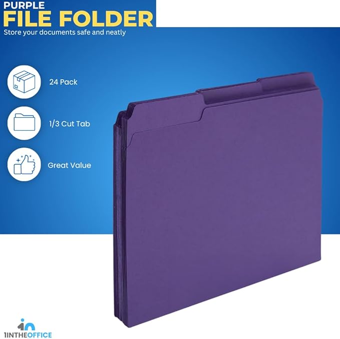 1InTheOffice Purple File Folders Top-Tab File Folders, 3 Tab, Purple, Letter Size, 24/Pack