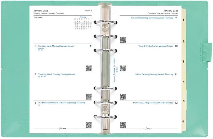 Filofax Domino Patent Organizer, Personal Size, Turquoise - High-Gloss, Contemporary, Six Rings, Week-to-View Calendar Diary, Multilingual, 2025 (C022514-25)