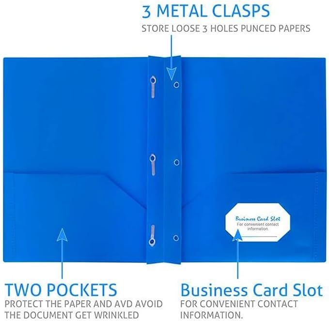 6 Pack Plastic Folders with Pockets and 3 Prongs,Colored Two Pockets folders for Docments,Assort Colors