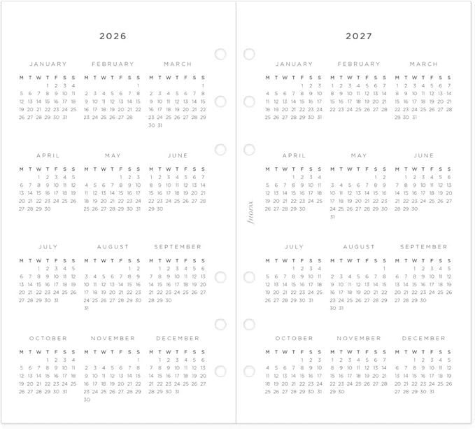 Filofax Calendar Diary Refill, Personal/Compact Size, Week-to-View, Minimal Diary Pack, White Paper, Multilingual: Five Languages, 2026 (C68490-26)