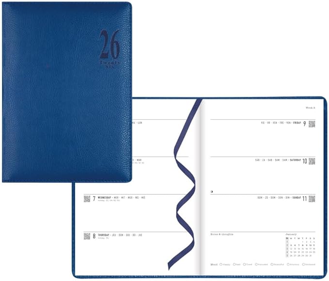Letts of London® 2026 Milano Weekly/Monthly Planner, 12 Months, January to December, A5 Size, 8.25" x 5.875", Sewn Binding, Textured Cover, Multilingual, Blue (C080570-26)