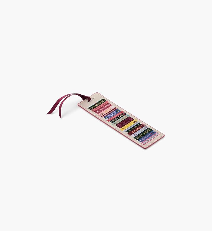 RIFLE PAPER CO. Ladies Night Book Club Bookmark, 1.75" W x 6" L, Illustrated Stack of Classic Titles, Saffiano Polyurethane, Grosgrain Ribbon, Wipe-Clean