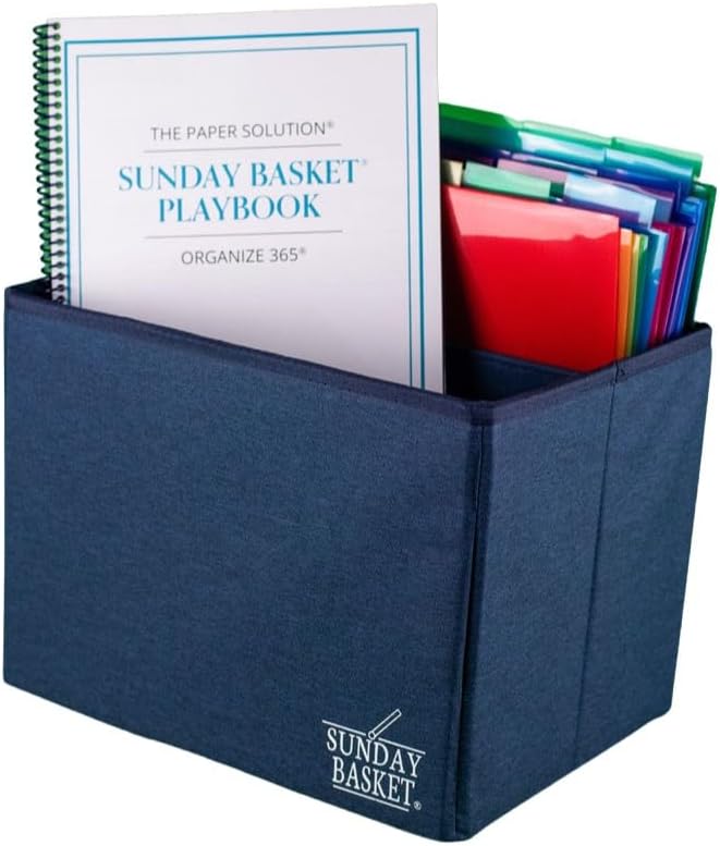 Organize 365 Paper Organizer Solution | Home Office Organization & Document Holder | File Box for Paper Storage | The Classic Sunday Basket® System (Classic Navy)
