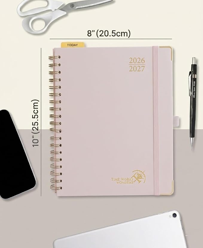 POPRUN 2026-2027 Academic Year Weekly and Monthly Planner Calendar,Jul 2026 - Jun 2027，10" x 8"， Daily Agenda Book & Appointment Book with Hourly Schedule, Tabs, Hardcover, School and Office Supplies - Light Pink