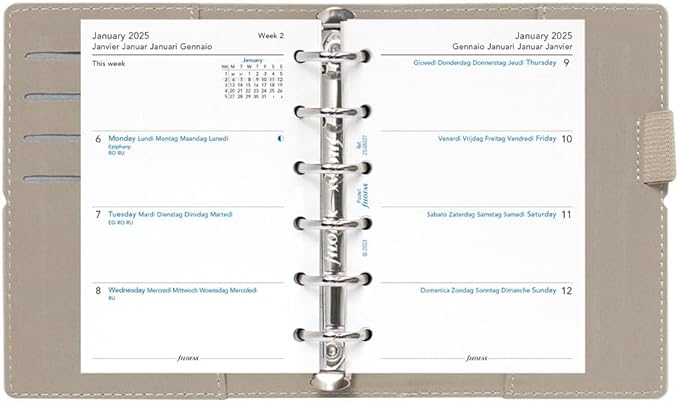 Filofax Domino Organizer, Pocket Size, Grey - Smooth, Leather-Look Grain Effect, Contrast Stitching, Six Rings, Week-to-View Calendar Diary, Multilingual, 2025 (C022611-25)
