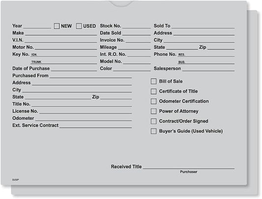 Printed Vehicle Deal Jackets Envelopes Folders for Auto Car Dealerships - 9x12 Size - Dealer Supplies - New and Used Cars - 100 Quantity (Gray)