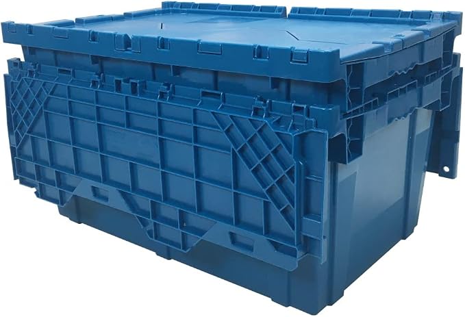 Storage and Packing Plastic Tote Crate Attached Lid Flip Top, 27"x16.9"x12.5", Blue Crates With Lids, Heavy Duty Storage Containers, Stackable Tote Bins For Storage, Moving & Home Organization