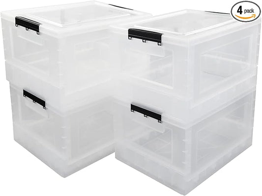 4-Pack 32 Quart Clear Collapsible Storage Box with Lid | Folding storage crate, folds flat for compact storage, see-through design keeps items visible
