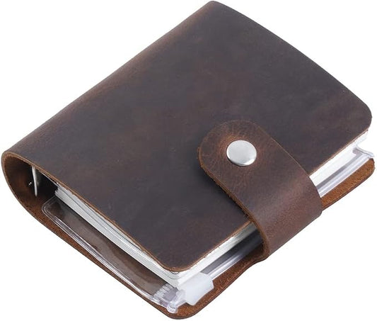 A9 Genuine Leather Journal, Coffee Handmade Leather Pocket Size Binder Planner, Mini Vintage Leather Planner, 120 Sheets Pages, Loose Leaf 3-Ring with Snap Button Closure (Coffee)