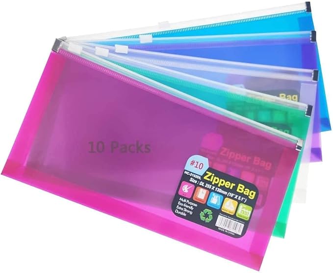 10Packs #10 Zipper Plastic Envelopes 5 x 10 Assorted Colors Envelopes Folder for Money Receipts Coupons Bills