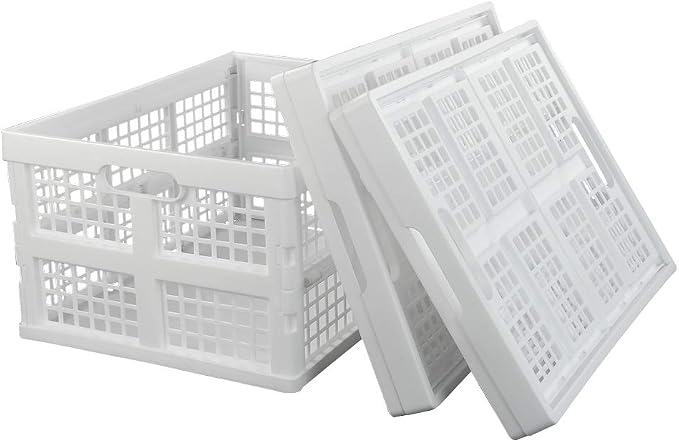 Asking 3-Pack 30 L Plastic Stacking Collapsible Crate, Folding Storage Crate, White