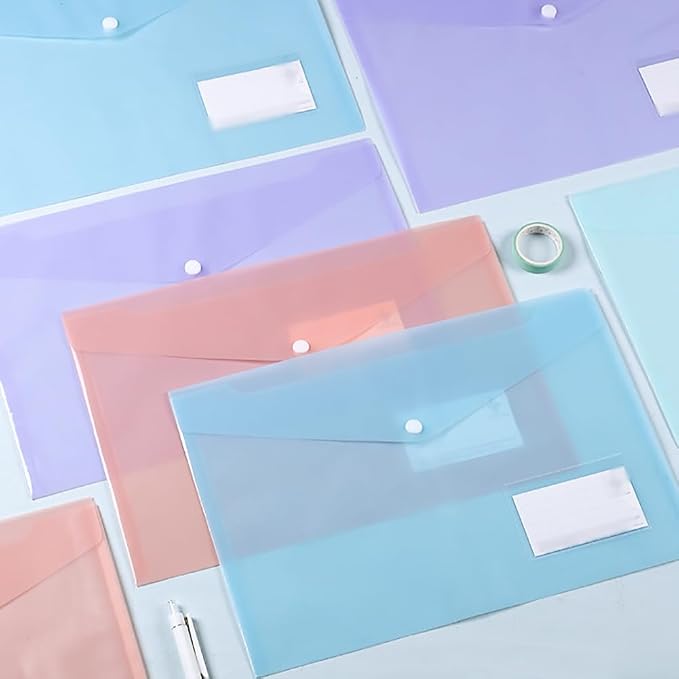 10 Pcs Plastic Envelopes Folders Label Pocket Folders Colored File Folders A4 Size Documents Folders Letter Paper Folders with Button Snap Closure for Work Office