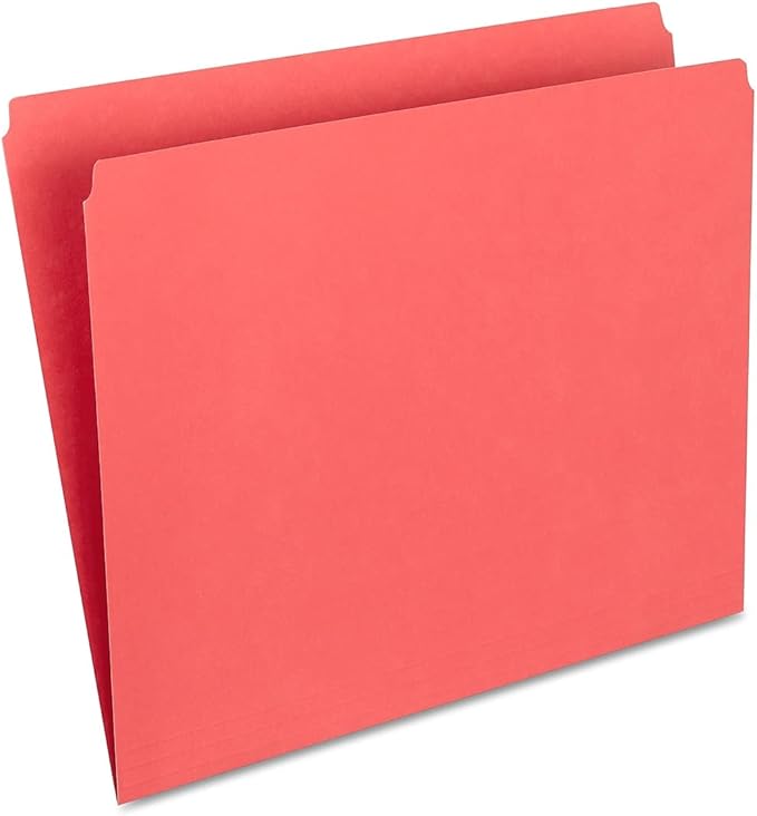 Staples Straight‑Cut Top‑Tab File Folders, Letter Size, Red, Durable Paper Stock, 100/Box