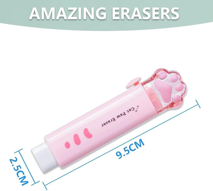 Retractable Pencil Eraser, Cute Erasers,Cat Paw Eraser,Suitable for School Home Office Supplies, 4Pcs (Eraser-BLFC)