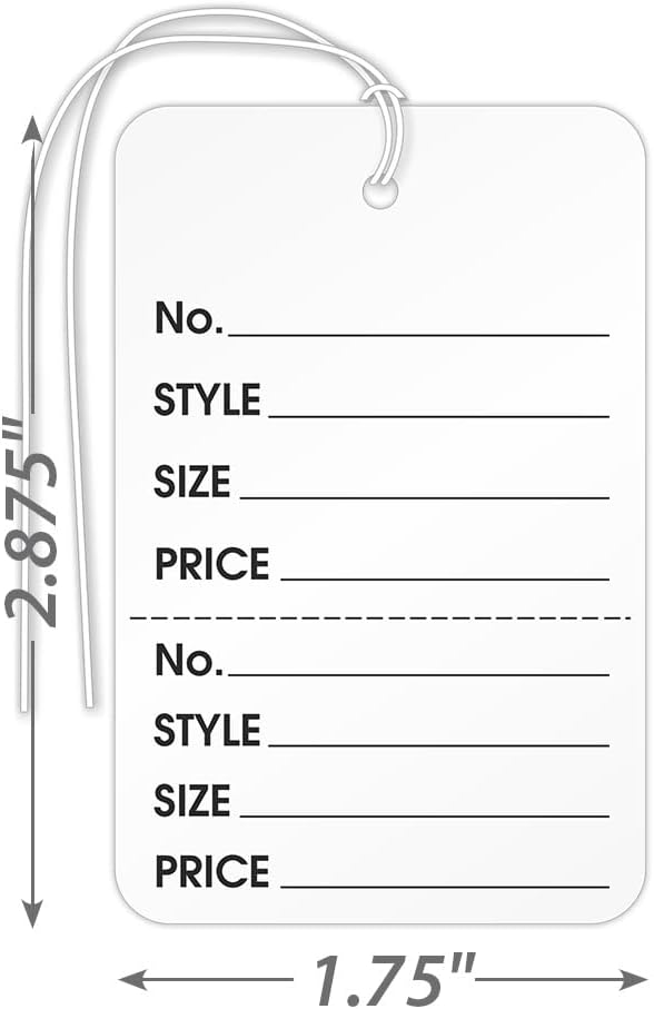 XpressTags (Pack of 1000) 2.875 x 1.75 inch Perforated Garment Tags with Pre-Attached String and Stub (Size - 6), String, 12 Point Cardstock, White