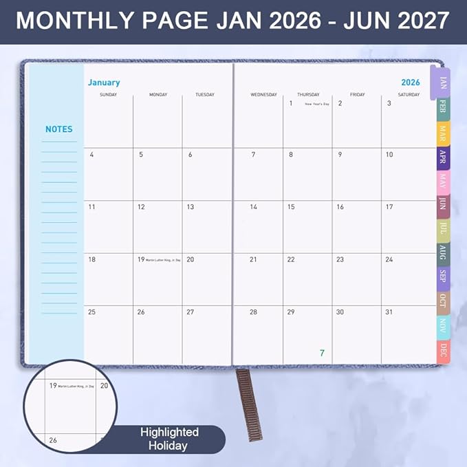 Cheericome Planner 2026-2027, Month Weekly Planner Run JAN 2026 to JUN 2027, 26-27 Planner with Pen Loop, Back Pocket and Stickers, 18 Months Planners, Blue Monthly Planners 2026-2027