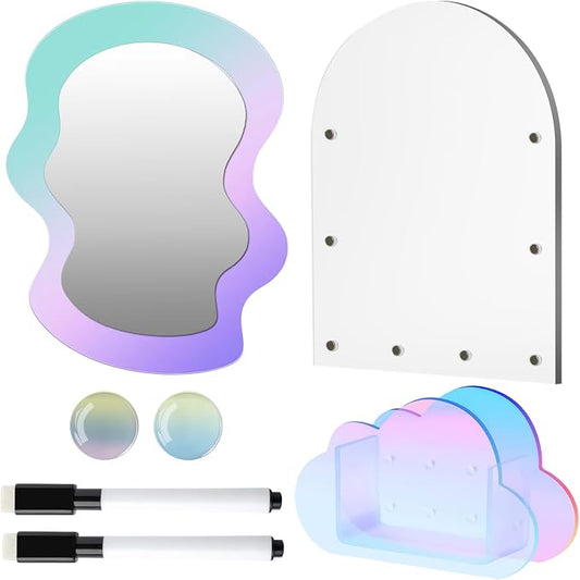 Locker Accessories Iridescent Set, (Acrylic Magnetic Whiteboard, Irregular Mirror, Pen Holder, Marker, Magnetic Clips) School Locker Decor, Work Locker Organizers