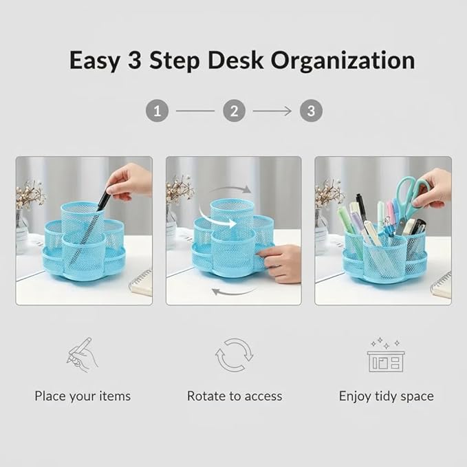 Grid Desktop Storage Box, 7-Compartment Individual Storage Boxes, Rotatable, Metal Material, 6.89 inches wide, 3.94 inches high (Blue)