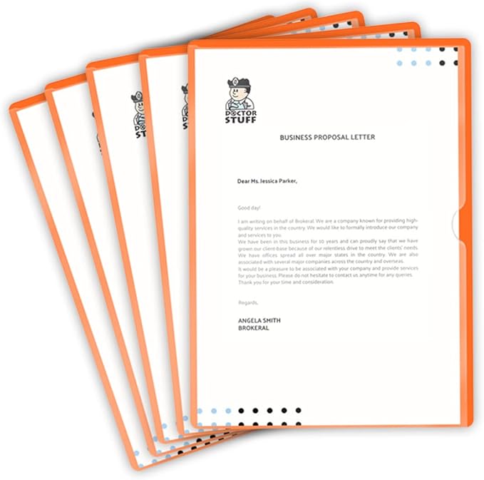 Doctor Stuff - 100 Pack L-Type Vinyl Plastic File Folders Letter Size, Orange Pocket Project Folders Clear Front, Documents Holder for Home, High School, Office and Medical Files