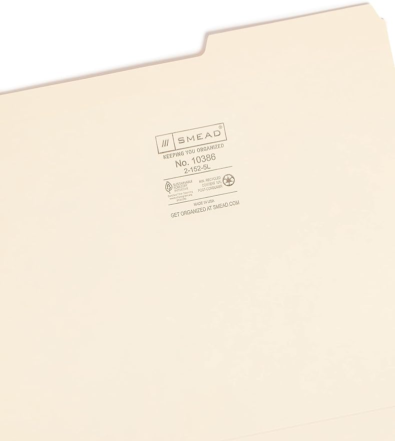 Smead File Folder, Reinforced 2/5-Cut Right Position Tab, Guide Height, Letter Size, Manila, 100 Per Box (10386)