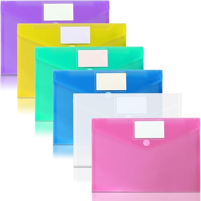 24 Pack Plastic Poly Filing Envelopes, Clear Document Folders US Letter A4 Size File Envelopes with Label Pocket & Paste Button for School Home Work Office Organization, 6 Assorted Color