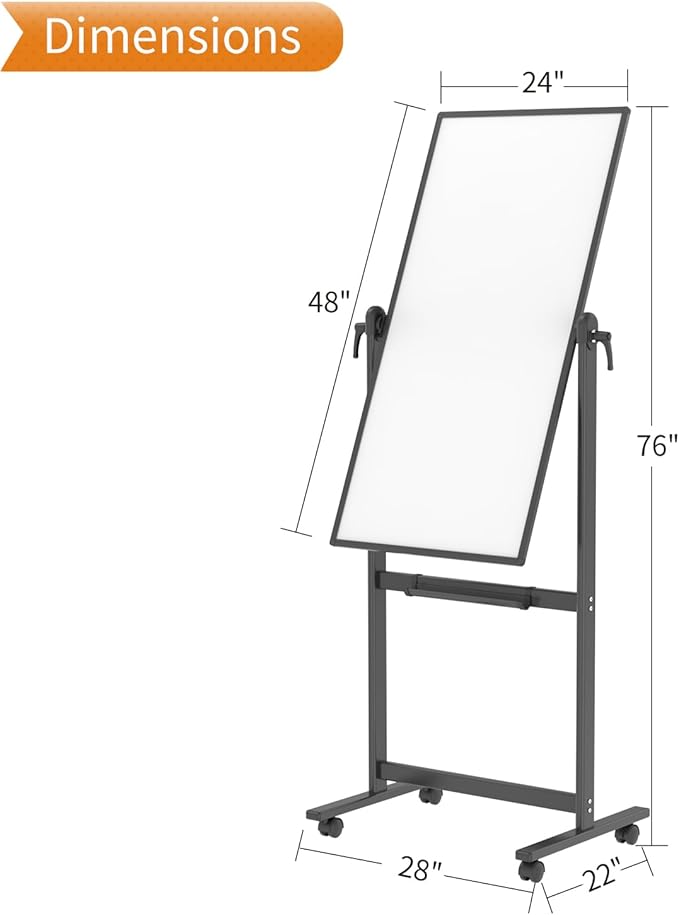 VIZ-PRO Double-Sided Magnetic Mobile Whiteboard, 48 x 24 Inches, Black Aluminium Frame and Stand