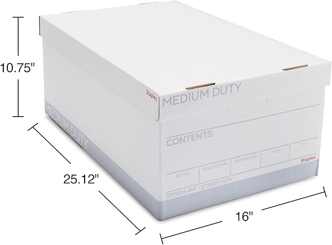 STAPLES Medium Duty File Box, Lift Off Lid, Legal, White/Gray, 12/Carton
