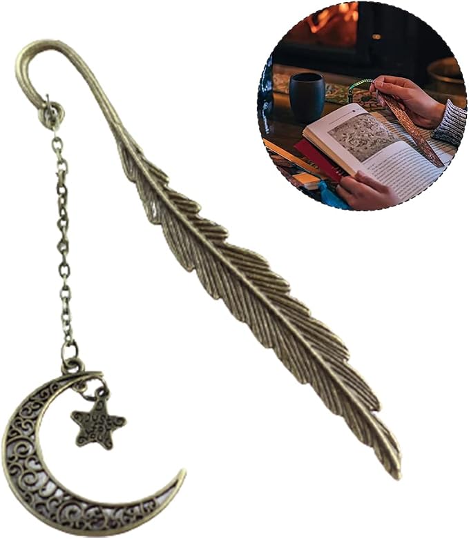 iayokocc Creative Metal Feather Bookmark, Classical Bookmarks with Pendant for Women, Teens Girls, Readers and Book Lovers.(Stars and Moon)