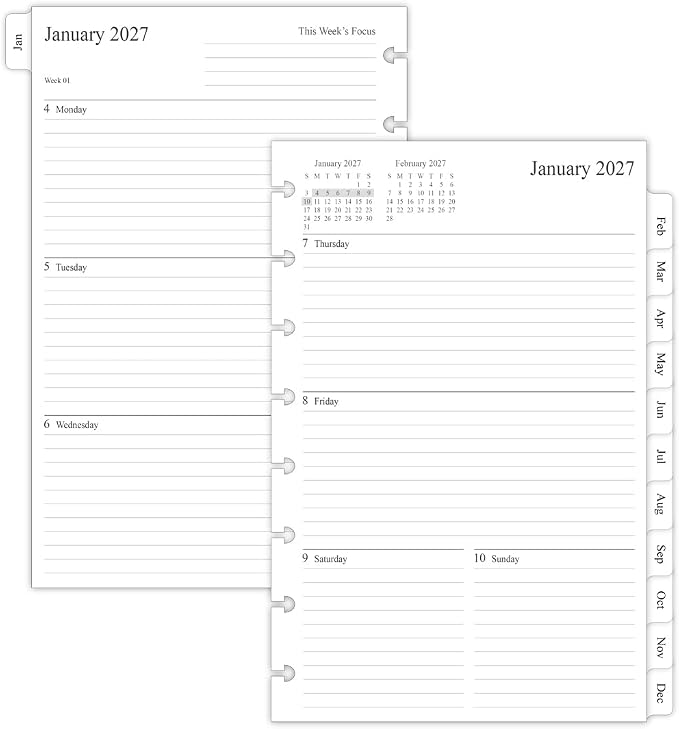 2027 Weekly & Monthly Planner Refill for 8-Discbound Planners, Two Pages Per Week, Junior Size, 5-1/2"x8-1/2"