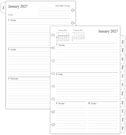 2027 Weekly & Monthly Planner Refill for 8-Discbound Planners, Two Pages Per Week, Junior Size, 5-1/2"x8-1/2"
