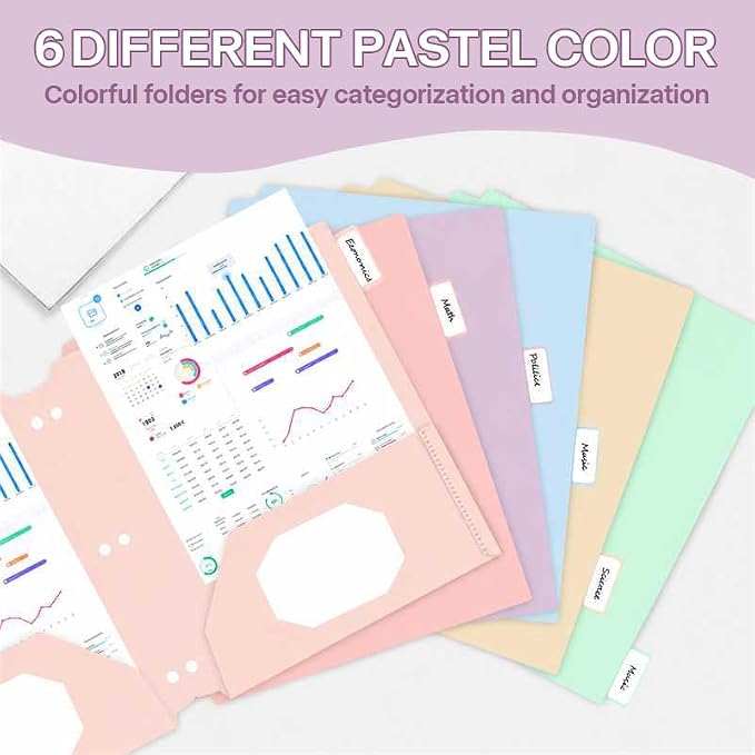 Binditek 6 Pack Pastel Pocket Folders for 3 Ring Binder, Plastic Folders with 2 Pockets, Unique 1/6 Cut Tabs with Colorful Labels, for Office Classroom, Letter Size