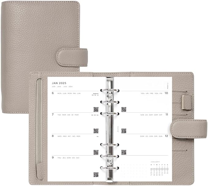 Filofax Norfolk Organizer, Personal Size, Taupe - Soft, Full-Grain Leather, Six Rings, Week-to-View Calendar Diary, Multilingual, 2025 (C022642-25)