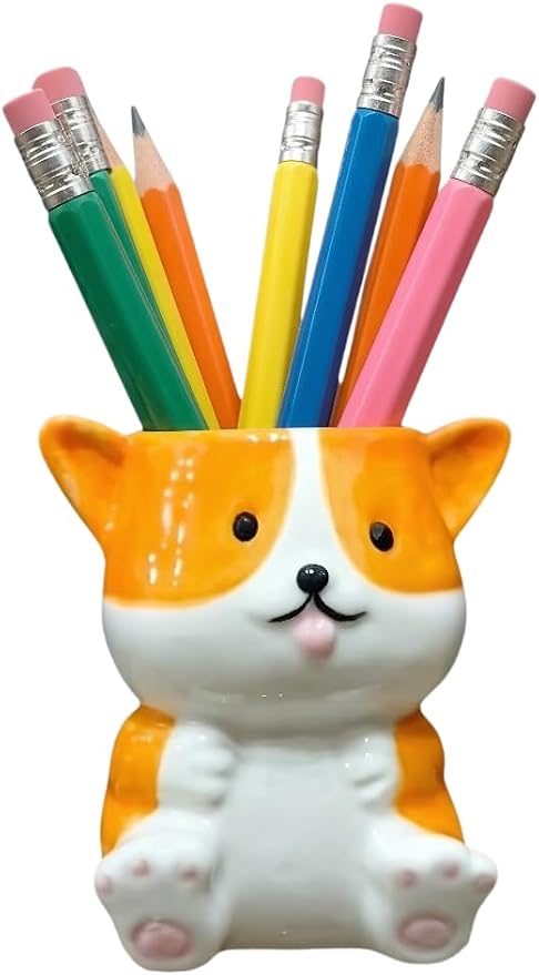 Adorable Cartoons Shaped Ceramic Pencil Holders - Multifunctional Desktop Organizers (Corgi Dog)