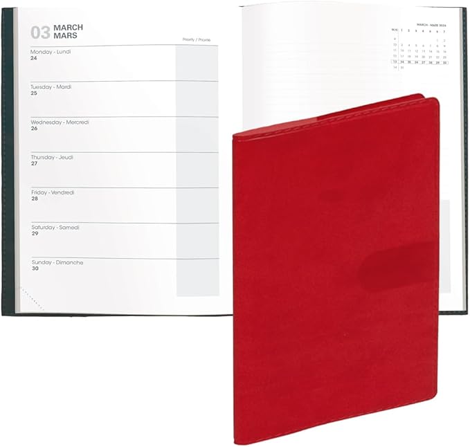Quo Vadis 2026 Note - Bi-Lingual (EN/FR) - Weekly/Monthly Planner - 16 Months, Sept. 2024 to Dec. 2026 - 6" x 8 1/4" - Smooth Faux Suede Texas Red Cover - A Modern Design for Journaling and Detailed Planning