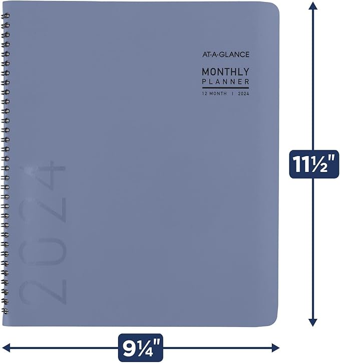 AT-A-GLANCE 2024 Monthly Planner, 9” x 11”, Large, Monthly Tabs, Pocket, Faux Leather, Contemporary, Slate Blue (70250X2024)