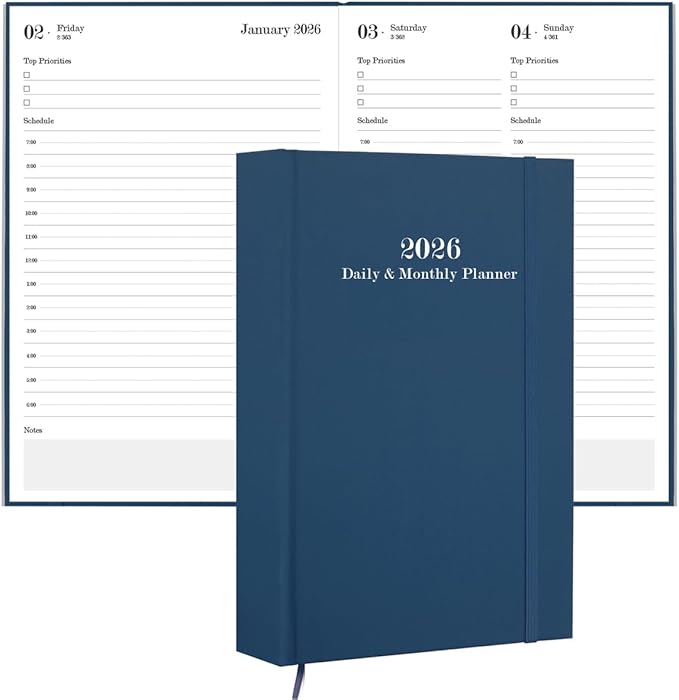 2026 Daily & Monthly Planner - 2026 Daily Planner One Page Per Day from January 2026 to December 2026, 5.8" x 8.3" Hourly Appointment Book Perfect Organizer Daily Life, Fabric Cover, Blue