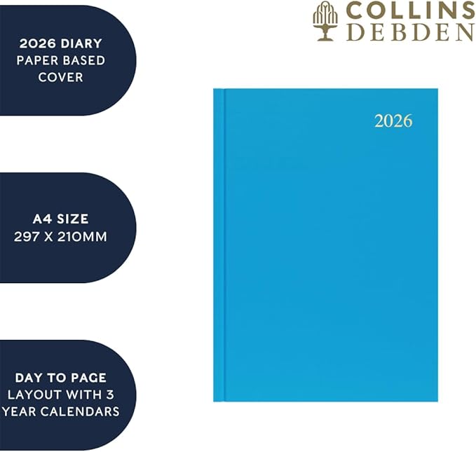 Collins - Essential - 2026 12 Month Calendar Year Planner, Day-To-Page Diary, A4 Hard Cover - Black (ESSA41.99-26)
