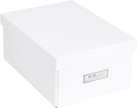 Bigso Box of Sweden Karin Collapsible Storage Box with Labelframe for Easy Identification - Simple Assembly Without Tools - Decorative Storage Boxes with Lids - 8.9in x 12.4in x 5.4in - White