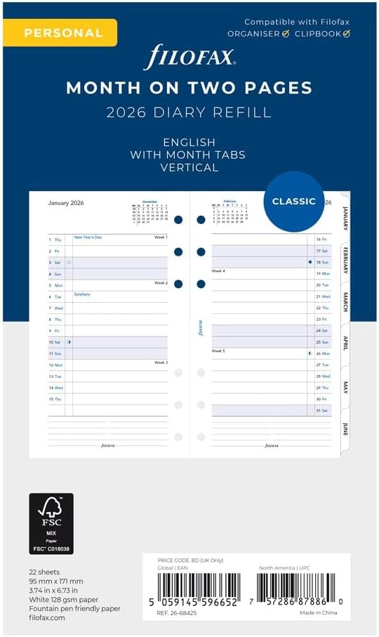 Filofax Calendar Diary Refill, Personal/Compact Size, Month-to-View, with Tabs, White Paper, Ruled, English, 2026 (C68425-26)